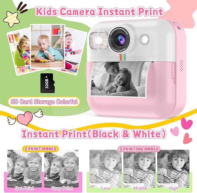 Kids Camera for Girls, 1080P Instant Print Camera, Kids Christmas Birthday Gifts Girls Toys, Children Digital Camera with 32GB Card, Toddler Camera Portable Toys for 3 4 5 6 7 8 9 Year Old Girl Pink