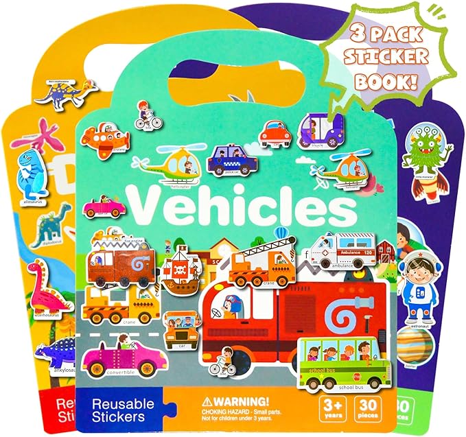 3 Pack Reusable Sticker Books for Kids, Waterproof Puffy Stickers - Match the Shape and DIY Scene, Toddler Travel Essential Quiet Time Activities Toys - Vehicle, Space and Dinosaur (2-6 Age)