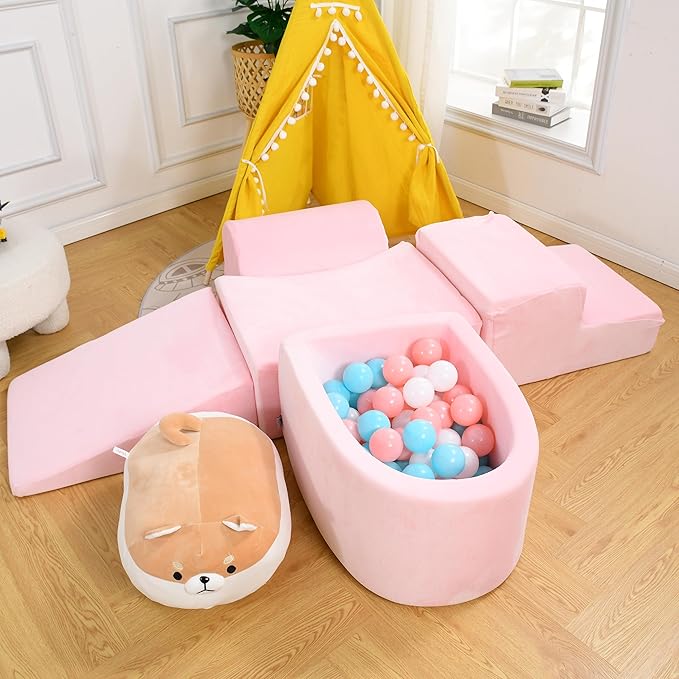 Foam Climbing Blocks for Toddlers & Babies – 5-Piece Soft Playset with High-Density Memory Foam & Velvet Cover – Indoor Climb and Crawl Activity Play Set for Motor Skills Imaginative Active Fun - Pink