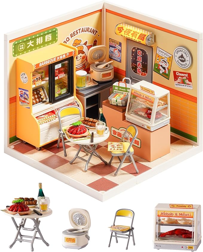 Rolife Super Creator Series, DIY Mini Night Out Food Stall Dollhouse House Kit, Bulid Scenary for Action Collectible Figures, Creative Gifts for Women Adults