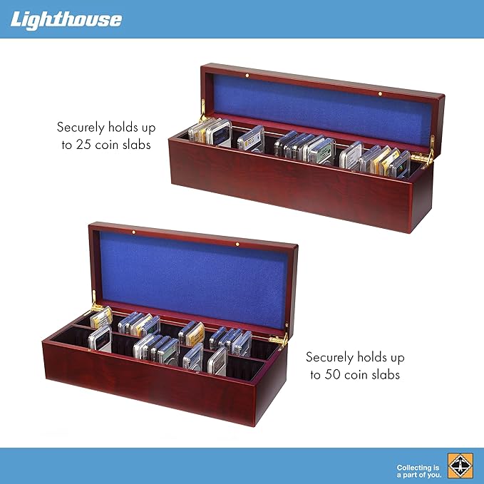 Lighthouse - Coin Box for 50 Slabs - Perfect For Slabs from PCGS, NGC, ANACS, ICG and more - Mahogany Wood Grain Finish