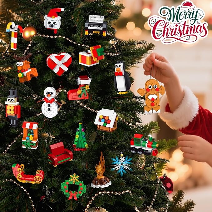 HOGOKIDS 2025 Advent Calendar Christmas Ornaments Building Set, 24 Days Countdown Hanging Christmas Tree Decor Wreath Santa Snowman Xmas Gift Stocking Stuffer Building Toys for Kids Boys Girls Ages 6+