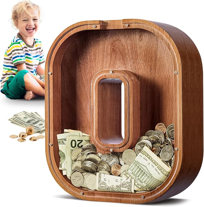 Summidate Large Wooden Piggy Bank for Kids Adults, Alphabets Letter A-Z Piggy Bank for Boys Girls, Coins Bills Change Bank Box Personalized Initial Name Kids Money Bank for Birthday Present and Decor