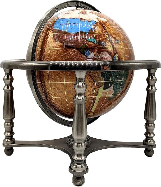 unique art since 1996 Limited Edition! unique art since 1996 Amber Pearl Swirl Table Top Gemstone World Globe with 4-Legs Silver Zinc Alloy Stand (220MM/9 INCHES 4 Leg/Amber Pearl Ocean)