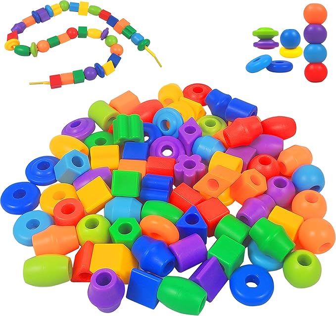 Plastic Lacing Beads for Kids with Fun Shapes, Long String, and Brilliant Colors, Educational Occupational Therapy Toys-Fine Motor Toys，Montessori Toy for 3 Year Old and Above（70 pcs）