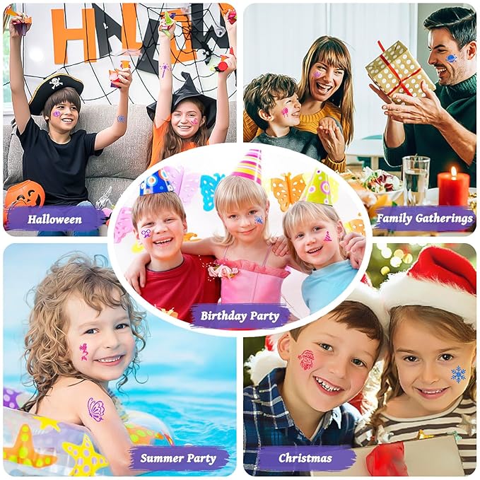 Temporary Glitter Tattoos Kids,50 Glitter Colors and 6 Fluorescent Colors,178 Stencils,2 diamond stickers,3 Glue,5 Brushes,Adults and Kids Arts Glitter Kit,Wonderful Holiday Gifts for Girls & Boys.