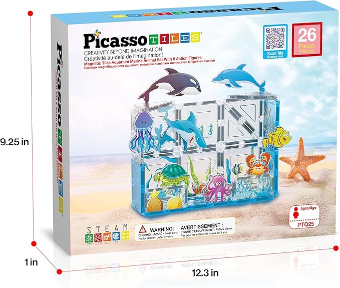 PicassoTiles 26pcs Magnetic Tiles Magnet Tile Building Blocks Marine Animal World Themed Set with 8 Ocean Character Action Figures STEM Learning Toy Construction Toddlers Boys Girls Ages 3+ PTQ25