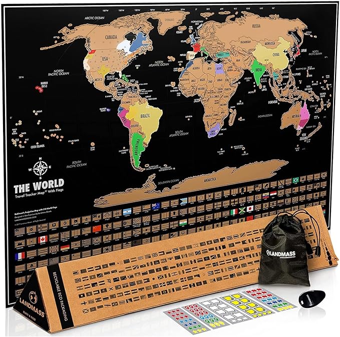 Landmass Scratch Off World Map, Deluxe Travel Tracker with Flags, Detailed Cartography, Gift Idea for Travelers, Wall Art, Home or Office Decor, 17x24 Inches