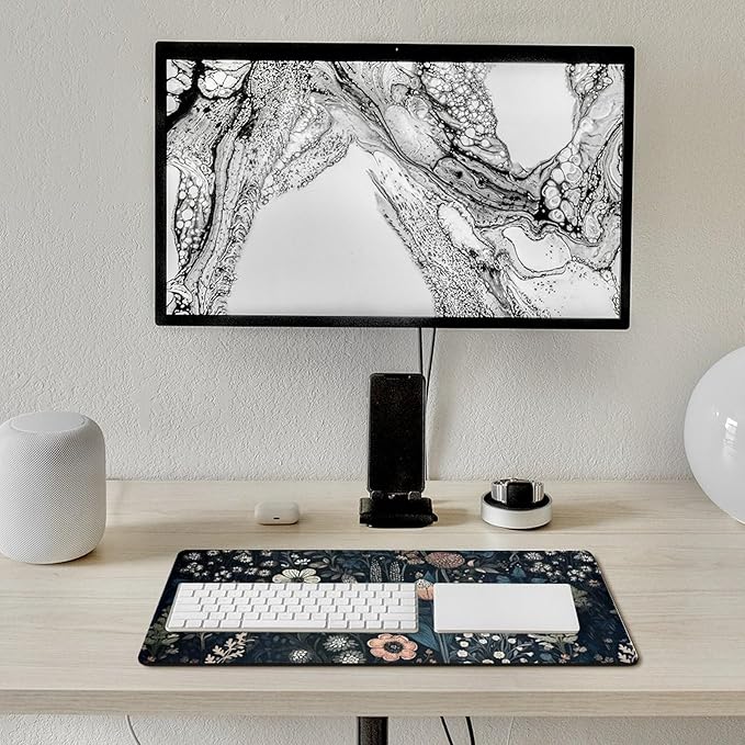 Dark Flower, Floral Plants Mouse Pad, Aesthetic Wildflowers Desk Pad, Gaming Mouse Pad, Non-Slip Rubber Base, Stitched Edges，23.6x11.8 inch Computer Mouse Mat Keyboard for Home Office