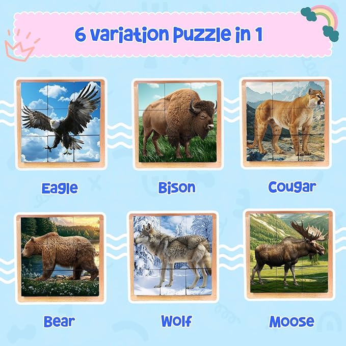 Wooden Cube Puzzle of Native North American Animals | Wooden Puzzles for Kids & Toddlers Ages 3 4 5 6 7 8