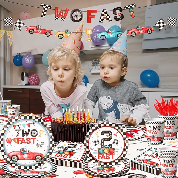 Two Fast Birthday Party Supplies, 142pcs Race Car 2nd Birthday Decorations Tableware Kit Includes Race Car Plates Napkins Tablecloth for Two Years Old Party Baby Shower Decorations Favors for Boys