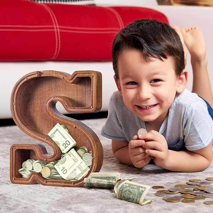Summidate Customized Name Extra Large Wooden Piggy Bank for Kids Boys Girls Letter A-Z Coins Bills Money Change Bank Box Initial on Clear Cover (Laser Engraved) Educational Toys 12"- Letter S