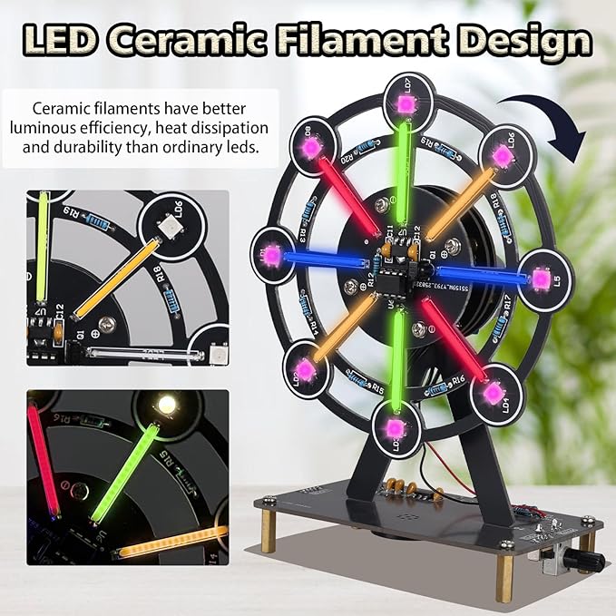 STEM Soldering Practice Kit - DIY Rotating Ferris Wheel Solder Practice Kit with 10 Light Modes, Colorful LED Electronics Soldering Projects for Adult Student Training Desk Decor Present