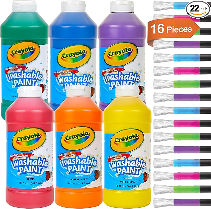 Washable Paint for Kids, Kids Painting Set 6 Colors with Paintbrushes, Non Toxic Bulk Finger Paints 16 oz Each, Kid Paint Classroom Set for Toddlers – Paints for Kid Art, Craft Gifting bundle