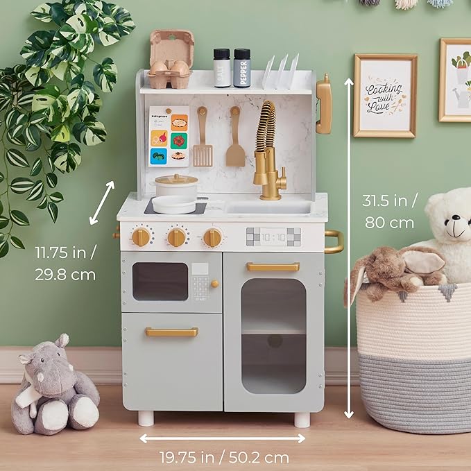 Teamson Kids Little Chef Memphis Wooden Play Kitchen for Toddlers with 16 Accessories, Realistic Pretend Cooking Set with Microwave Oven Sink Faucet Storage for Kids Ages 3+ Gray Gold Marble