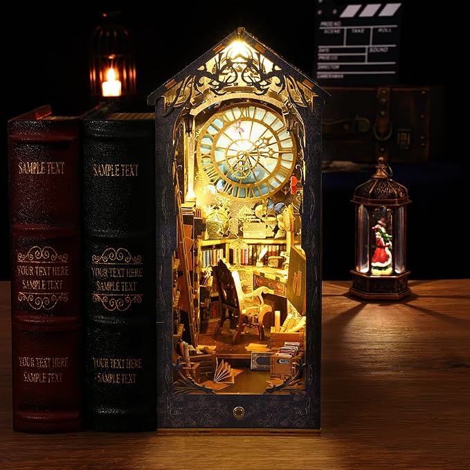Book Nook Kit, DIY Dollhouse Booknook Bookshelf Insert Decor Alley, DIY Book Nook Miniature Kit with Lights, 3D Wooden Puzzle Decorative Bookend Miniature Model Kits for Adults