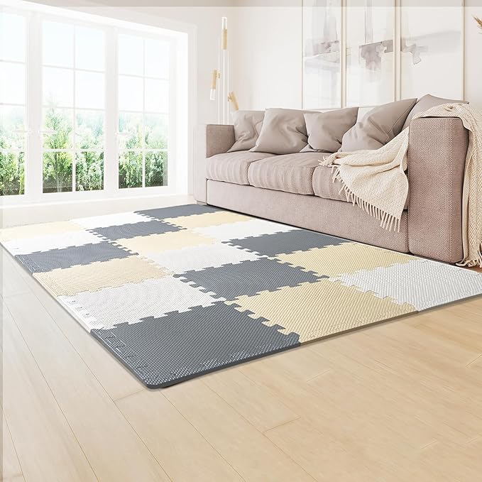 VEVOR 16-Tile Kids Play Mat, 0.4" EVA Foam, 12" x 12" Puzzle Mat, Interlocking Mats for Play Room, Nursery, Living Room, Camel, Gray, Beige