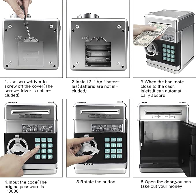 Piggy Bank Electronic Mini ATM for Kids Toy, Safe Money Saving Box Coin Banks Password Code Lock for 3-14 Years Old Kids, Boys Girls Ideal Gift (Silver)