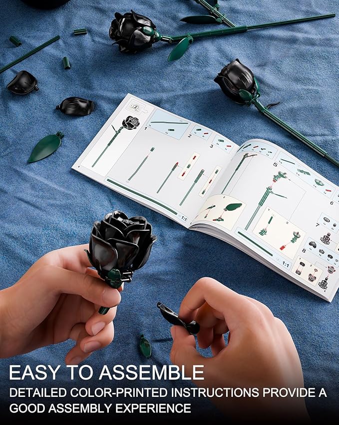 Black Roses Flower Building Set, Halloween Artificial Bouquet Kit Compatible with Legos Bricks - Indoor Plant Decorations for Home & Office - Romantic Gift for Women and Girls 6+