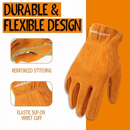 HANDLANDY 2 Pairs Kids Genuine Leather Work Gloves for ages 3-11, Children Gardening Gloves for Boys, Girls (Small (for age 2-4), Orange)