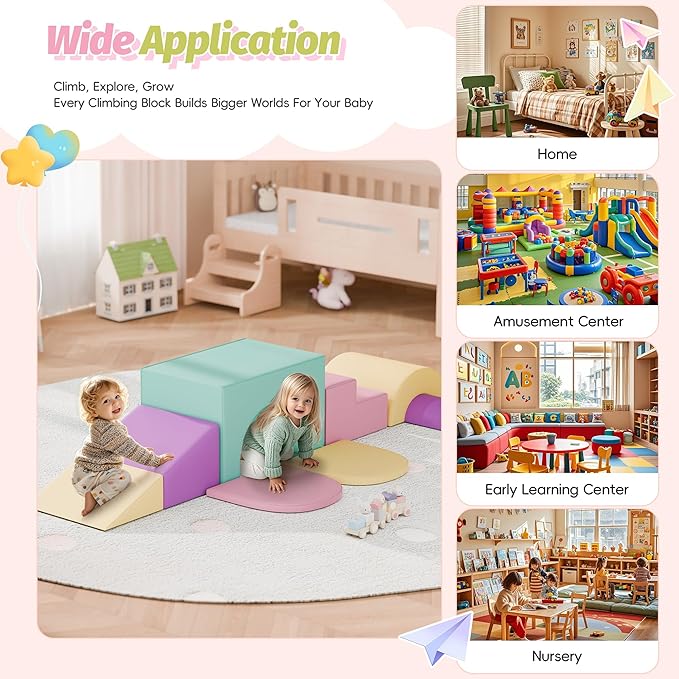 MU ‌Soft Climbing Toys for Toddlers, 7-Piece Baby Soft Foam Climbing Blocks, PU Leather Gym Climb and Crawl Activity Play Set, Indoor Climbing Toys for Kids and Children, Pink