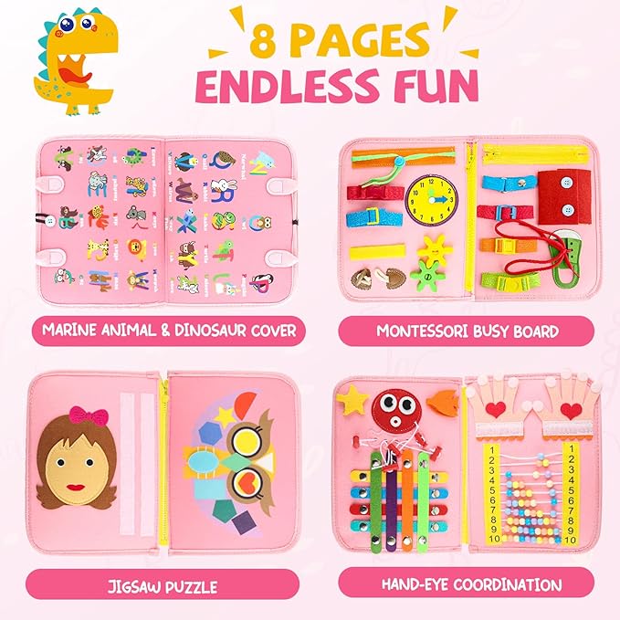 Toddler Busy Board, Montessori Sensory Toys for Boys, 1-4 Year Old Girl Toddler Travel Toys, Educational Learning Activities Board for Motor Skills, Birthday Gifts for Airplane Car, Pink