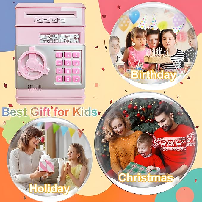 Piggy Bank Electronic Mini ATM for Kids Toy, Safe Money Saving Box Coin Banks Password Code Lock for 3-14 Years Old Kids, Boys Girls Ideal Gift (Light Pink)