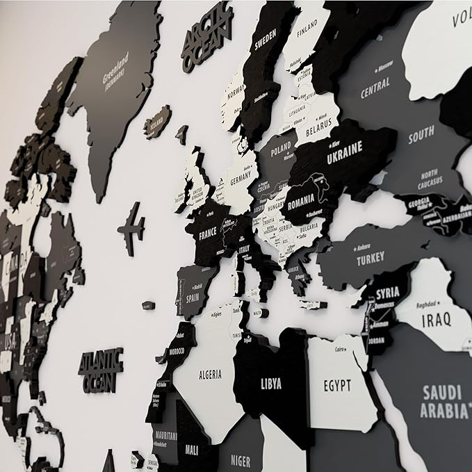 Colorfull Worlds 3D Wooden World Map Wall Art | Unique Wall Decor with Pins for Travel Enthusiasts | Home and Office Wall Décor | Grey | Medium
