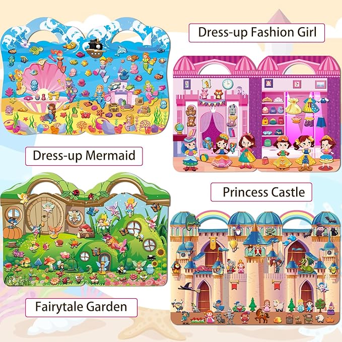 Dress Up Sticker Books for Girls Ages 3+, Reusable Puffy 3D Sticker Books for Toddlers, Include Princess Mermaid Fairy and Fashion Girl,Activity Book for Toddlers 3-5
