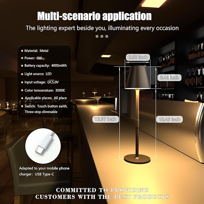 2 Pack LED CordlessTable Lamp,4000mAh Rechargeable Battery Desk lamp,3 Level Brightness Portable Night Light, Minimalist Design, for Couple Dinner/Coffee Table/Restaurant/Bedroom(2Pack Khaki)