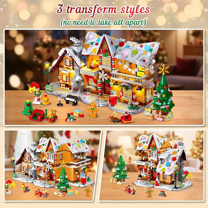 2025 Christmas 3 Style Gingerbread House Building Set with Light - 1477PCS Christmas Village Castle Building Block Toy with Santa Claus Xmas Tree Train for Adults Kids Girls Boys Ages 6+