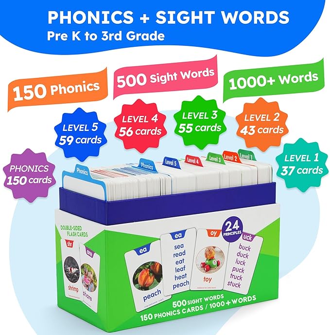 BenBen 650 Sight Words & Phonics Flash Cards, Learn to Read CVC, Blends, Long Vowel Sounds, Dolch & Fry High Frequency Site Words for Pre-k Kindergarten 1st 2nd 3rd Grade Kids Ages 3-9