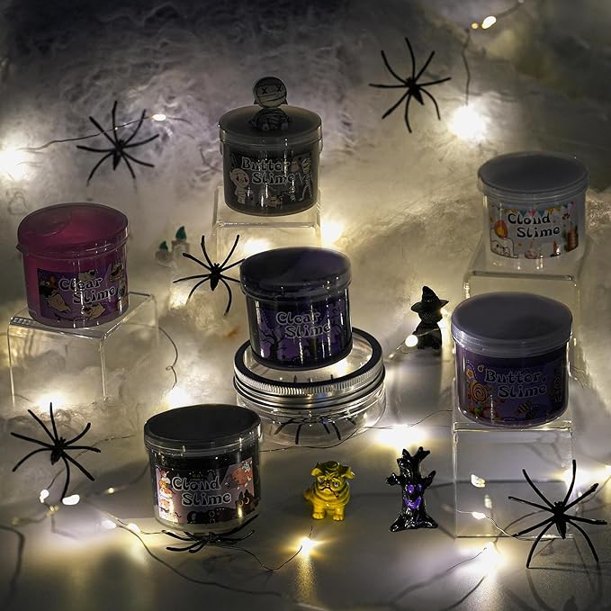 LAWOHO 6 Packs Halloween Slime Kit - Cloud, Butter & Clear Slime, Slime for Kids with Spooky Slimes Add-ins, Slime Kit for Boys & Girls Birthday Halloween Party Favors Christmas Easter Gifts