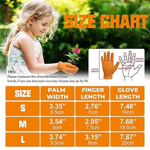 HANDLANDY 2 Pairs Kids Genuine Leather Work Gloves for ages 3-11, Children Gardening Gloves for Boys, Girls (Medium (for age 5-7), Orange)