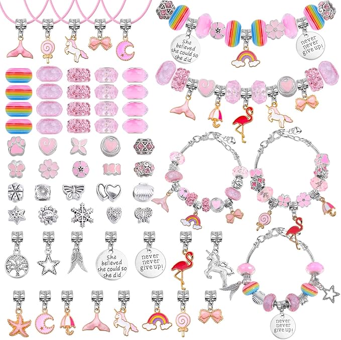 Flasoo DIY Charm Bracelet Making Kit, Jewelry Kit with Unicorn Mermaid Pink Stuff Craft Gifts for Birthday, Christmas, New Year