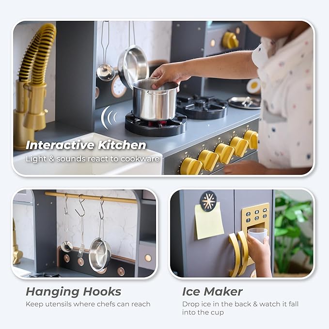 Teamson Kids Little Chef Colonie Play Kitchen for Kids, Gray – 2-Piece Pretend Kitchen Set with Ice Dispenser, Coffee Maker, Farmhouse Sink & Storage, Modern Wooden Toy for Toddlers & Girls Boys