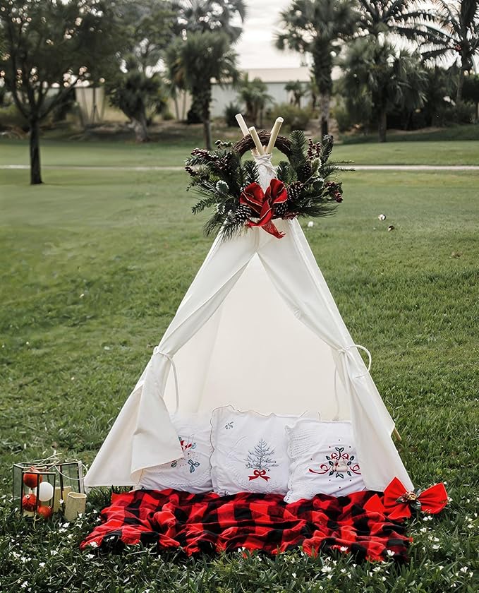 Sumbababy Teepee Tent for Kids Tent Indoor with Mat - Cotton Canvas White Toddler Tee Pee Tents Play House- Collapsible Tents for Slumber Party - Washable Tipi Boho Bedroom Gift Toys for Girls & Boys