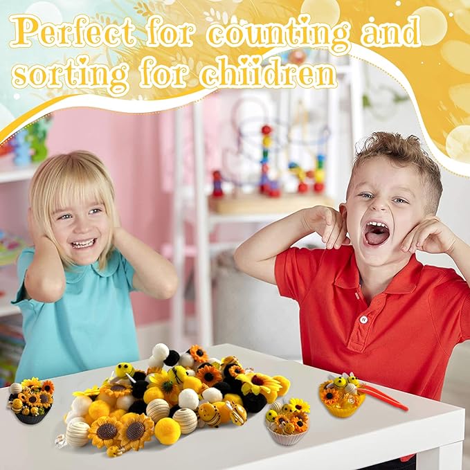 196 Pcs Sensory Bin Filler, Fine Motor Toys Bee Themed Sensory Bin Items Counting Sorting Toy Colorful Pom Poms Cup Bee Honeycomb Wooden Scoop for Preschool Education Activities