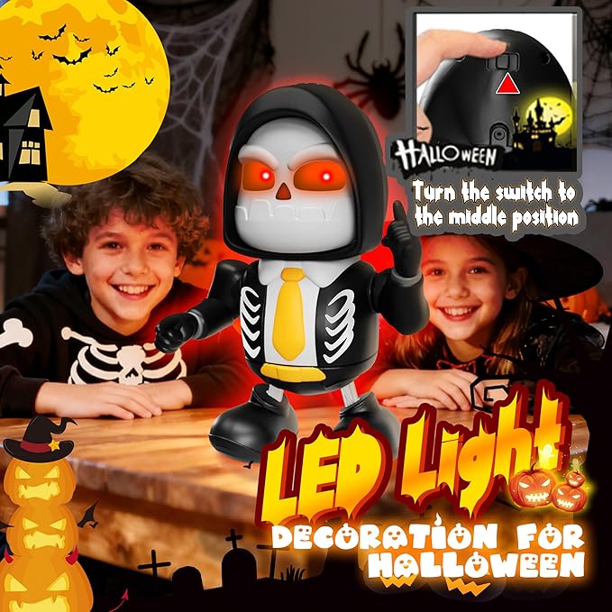 Halloween Skeleton Dancing Robot Toy with Lights & Music, Battery Operated Animated Skull Toy for Kids, Light-Up Walking Singing Robot Figure, Spooky Gift for Boys Girls Ages 3+