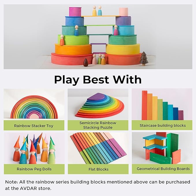 AVDAR Wooden Rainbow Stacking Toy,11Pcs Rainbow Stacker Building Blocks, Montessori Educational Toys for Boys Girls Gifts,Multi-Layer Board Steps