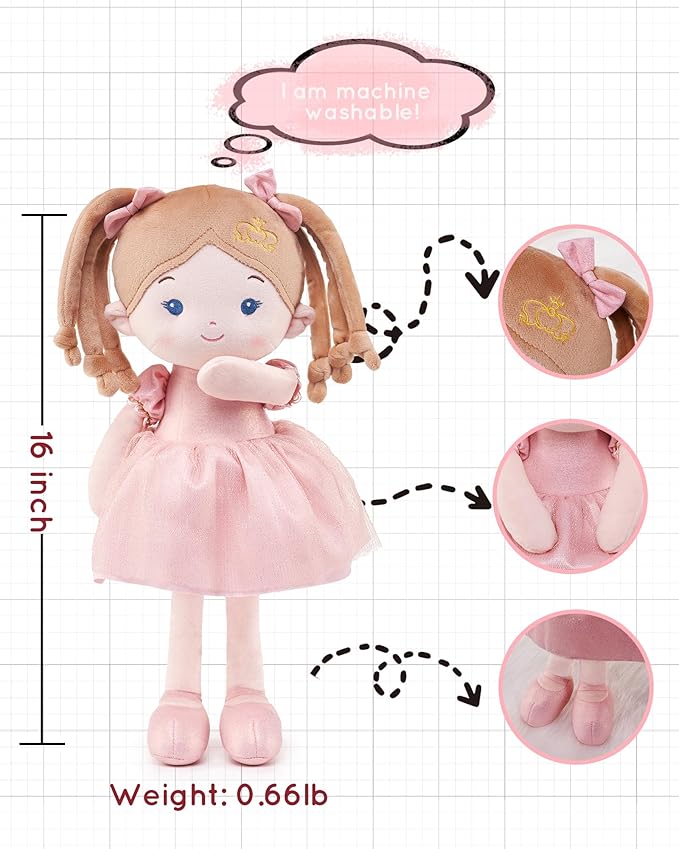 LeyaDoll Soft Baby Doll Toys (16''), My First Baby Rag Doll for 1 Year-Old Girl Birthday Gift, Christmas Plush Toys Gift for Toddler Kids Infants-Princess-Coral