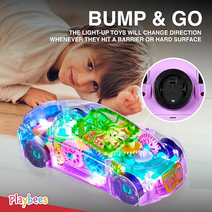 Playbees Light-Up Transparent Car Toy, Toys for Autistic Kids Ages 3-5 Sensory Toy for Kids with Autism Special Needs Toys, Bump and Go Toys for Toddlers Music and LED Effects Great Gift Idea