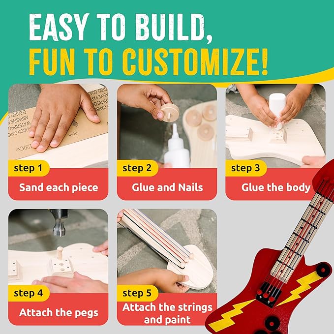 SparkJump DIY Wood Building Kits, STEM Woodworking Kit for Kids, Creative Fun Craft Projects, Great Gift for Boys & Girls (Wooden Guitar, 1-Pack)