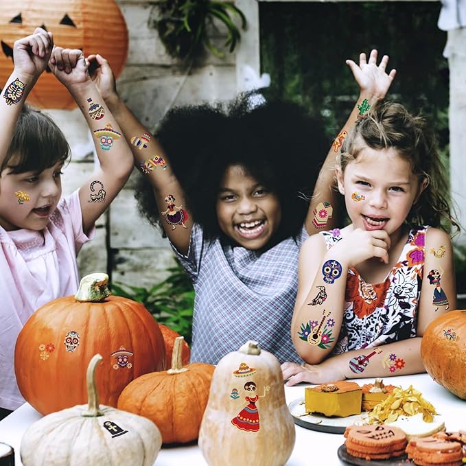 Temporary Tattoos for Day of the Dead, 36 Sheets Glow in the Dark Fake Tattoos for Adults and Kids, 180 Patterns for Halloween Make Up Party, Skull Skeleton Cat Ghost Guitar Sticker