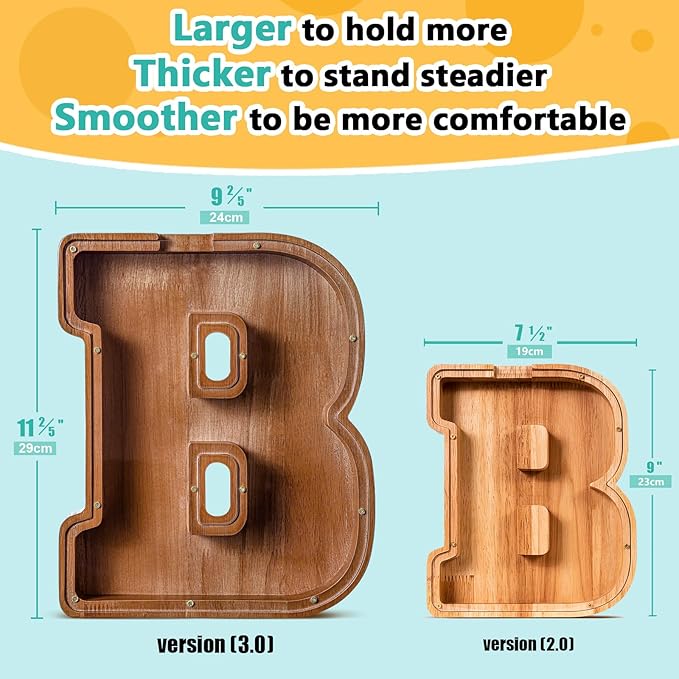 Summidate Customized Name Extra Large Wooden Piggy Bank for Kids Boys Girls Alphabets Letter A-Z Coins Bills Money Change Saving Box (Laser Engraved) Educational Toys 12"- Letter B