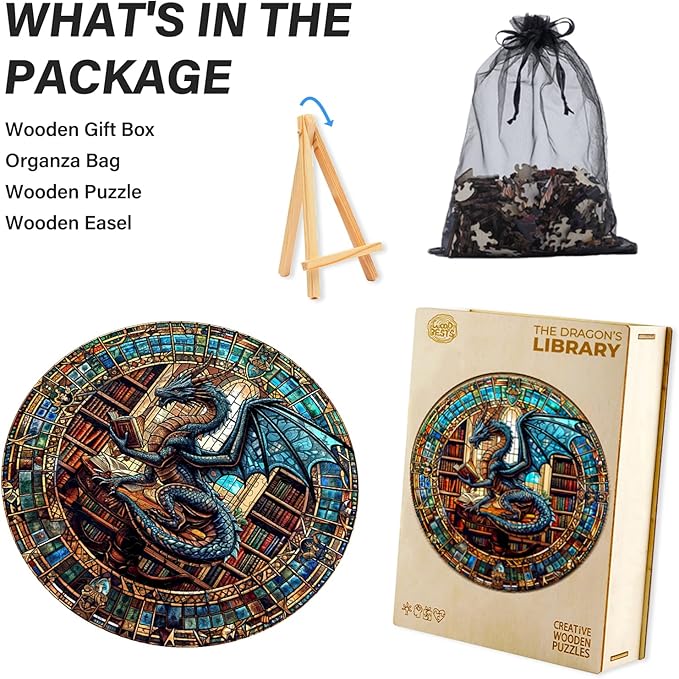 WOODBESTS Wooden Puzzles for Adults (200 Piece, M, 11.4"x11.4") Dragon's Library Wood Puzzle Adult, Unique Wooden Animal Jigsaw Puzzles, Family Game and Birthday Gifts for Friend
