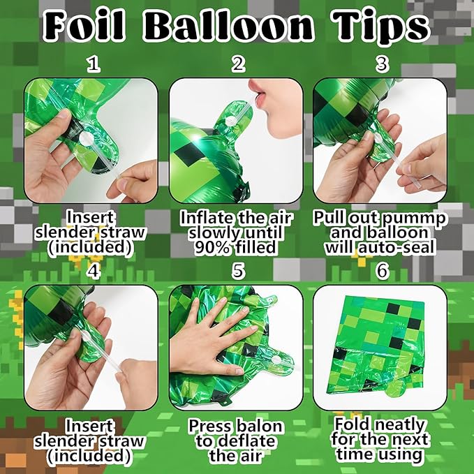40in Pixel Giant Number 5 Balloon Birthday Decorations, Miner Theme Green Foil Balloons Blast Gaming Party Supplies