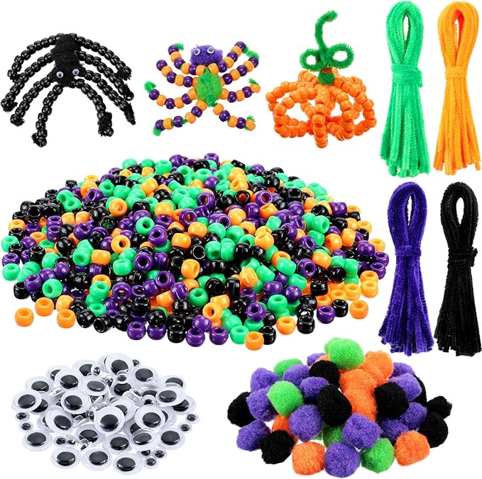 WILLBOND Halloween Pony Beads Plastic Beads Pipe Cleaners for Crafts Pompoms Chenille Stems and Wiggle Eyes for Halloween Party DIY Crafts Decorations Supplies Jewelry Making