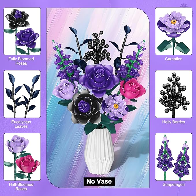 Purple Rose Building Blocks Set for Kids, 701PCS Flower Bouquet Toy, DIY Artificial Plant Gift for Girls, Women, Valentine's Day, Birthday, Mother's Day, Halloween Home Decor