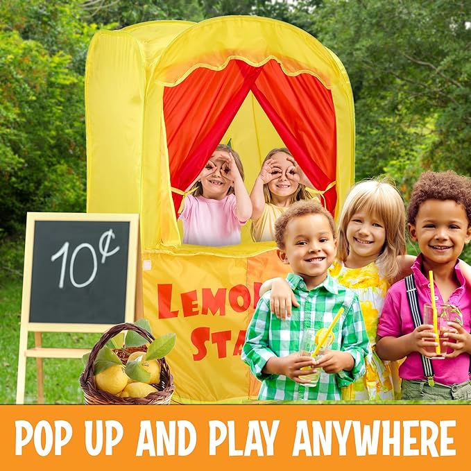 Playbees Puppet Show Pop-Up Play Tent w/Front Stage Toddler Playhouse Theater Pretend Play Tent Kids - Indoor & Outdoor Children Dramatic Furniture Swappable Velcro to Lemonade Stand w/Carry Bag